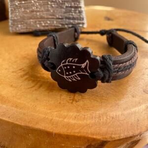 Brown Leather Adjustable Bracelet with Fish Design